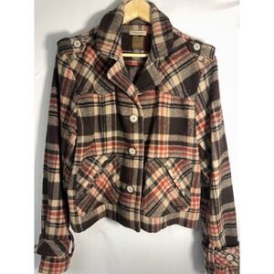 Ruff Hewn Plaid Wool Blend Cropped Jacket Womens XL Brown Red Button Front